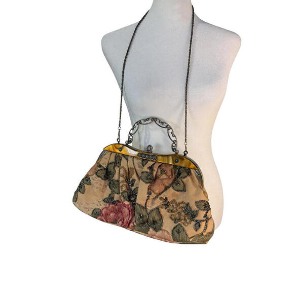 Vintage Floral Beaded Clutch Purse Womens Kiss Lock Metal Frame Evening Bag - Picture 4 of 6